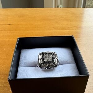 Men's Silver-Tone Pavé Square Ring - Black Stones
